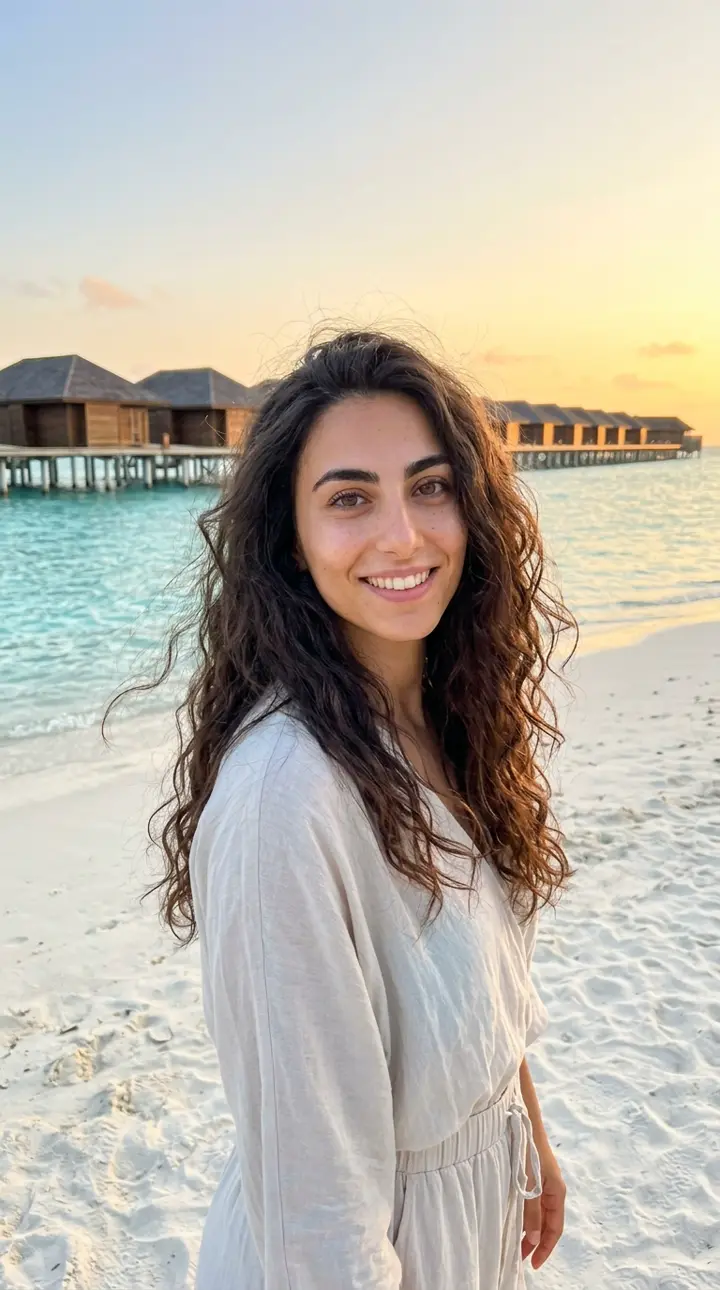 AI-generated photo: the same person in the Maldives at sunset
